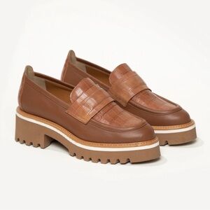 M. Gemi || The Elsa Lug Sole Loafers‎ Croc Embossed Leather Platform Tan 41